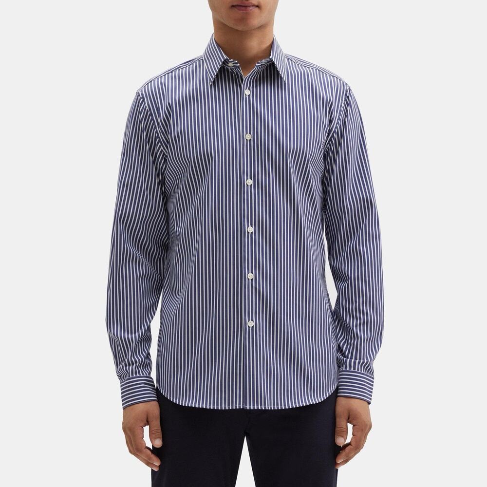 Theory Irving Blue White Chenille Striped Button Down Shirt 100% Cotton Mens XXL